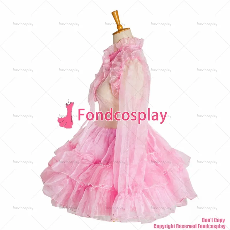 fondcosplay adult sexy cross dressing sissy maid baby pink Organza Lockable Uniform Dress Cosplay Costume CD/TV[G1049]