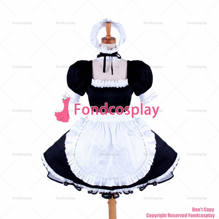 fondcosplay adult sexy cross dressing sissy maid short lockable black Cotton dress Uniform white apron CD/TV[G1591]