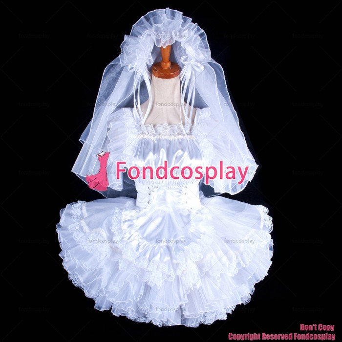 fondcosplay adult sexy cross dressing sissy maid short lockable white Satin Wedding headpiece dress apron Tailor-made [G1596]