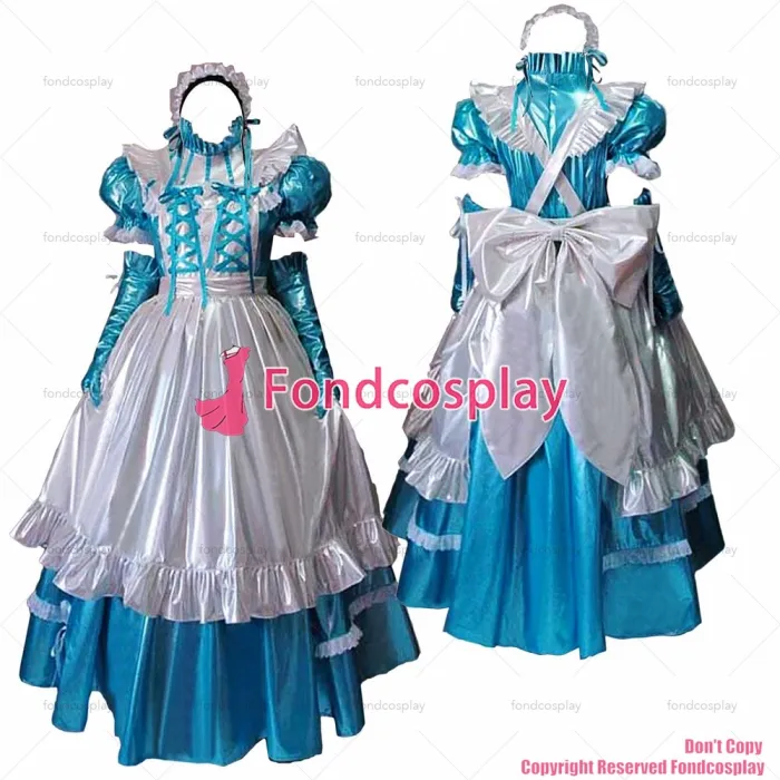 fondcosplay adult sexy cross dressing sissy maid long lockable blue thin PVC Dress vinyl Uniform white apron CD/TV[G1635]