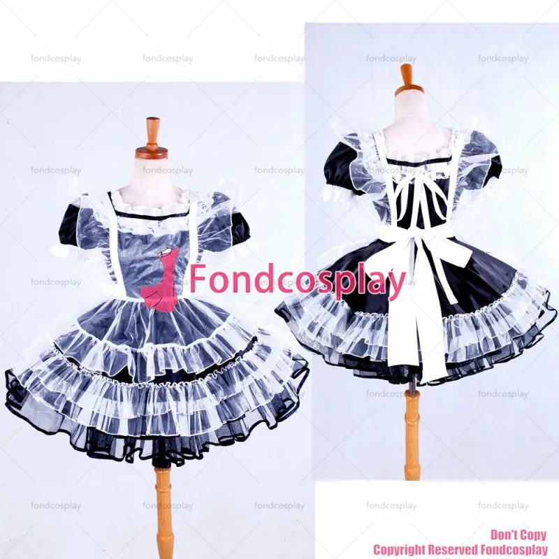 fondcosplay adult sexy cross dressing sissy maid short lockable black Satin Organza dress Uniform apron CD/TV[G1589]