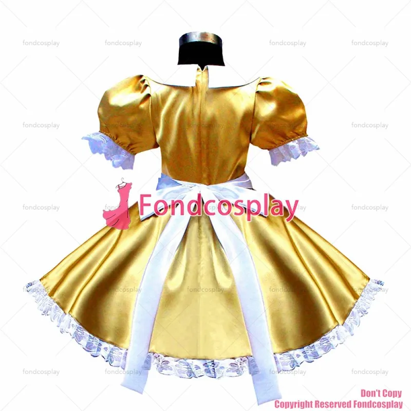fondcosplay adult sexy cross dressing sissy maid lockable gold satin dress Peter pan collar white apron CD/TV [G1610]