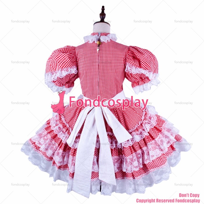 fondcosplay adult sexy cross dressing sissy maid short lockable red Cotton dress Uniform apron costume CD/TV[G1579]