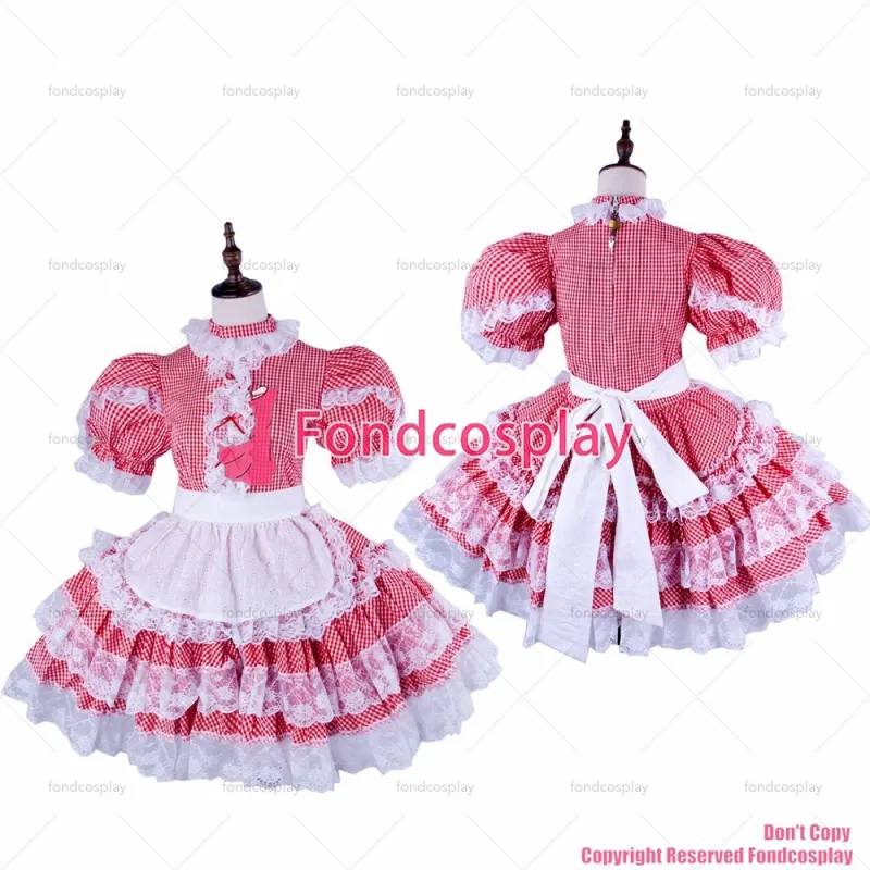 fondcosplay adult sexy cross dressing sissy maid short lockable red Cotton dress Uniform apron costume CD/TV[G1579]