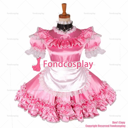 fondcosplay adult sexy cross dressing sissy maid short pink satin dress lockable Uniform apron costume CD/TV[G1215]
