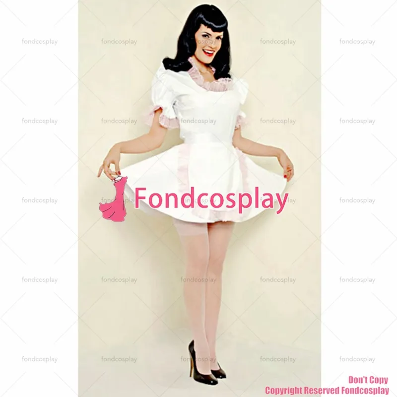 fondcosplay adult sexy cross dressing sissy maid short white thin PVC lockable Dress vinyl Uniform apron CD/TV[G1558]