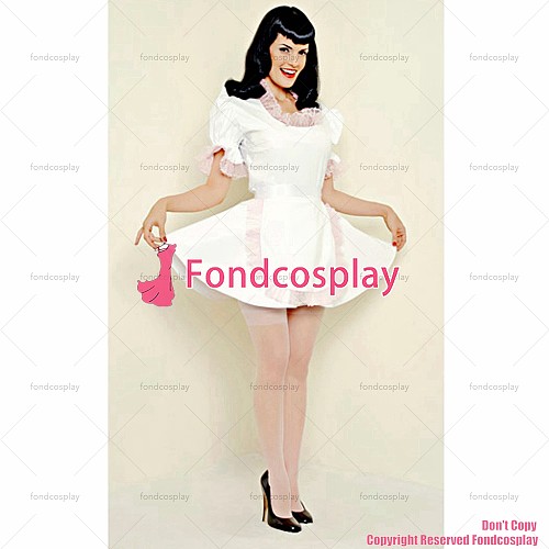 fondcosplay adult sexy cross dressing sissy maid short white thin PVC lockable Dress vinyl Uniform apron CD/TV[G1558]