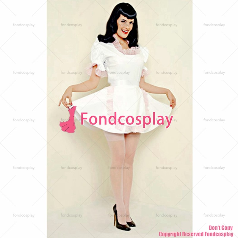 fondcosplay adult sexy cross dressing sissy maid short white thin PVC lockable Dress vinyl Uniform apron CD/TV[G1558]