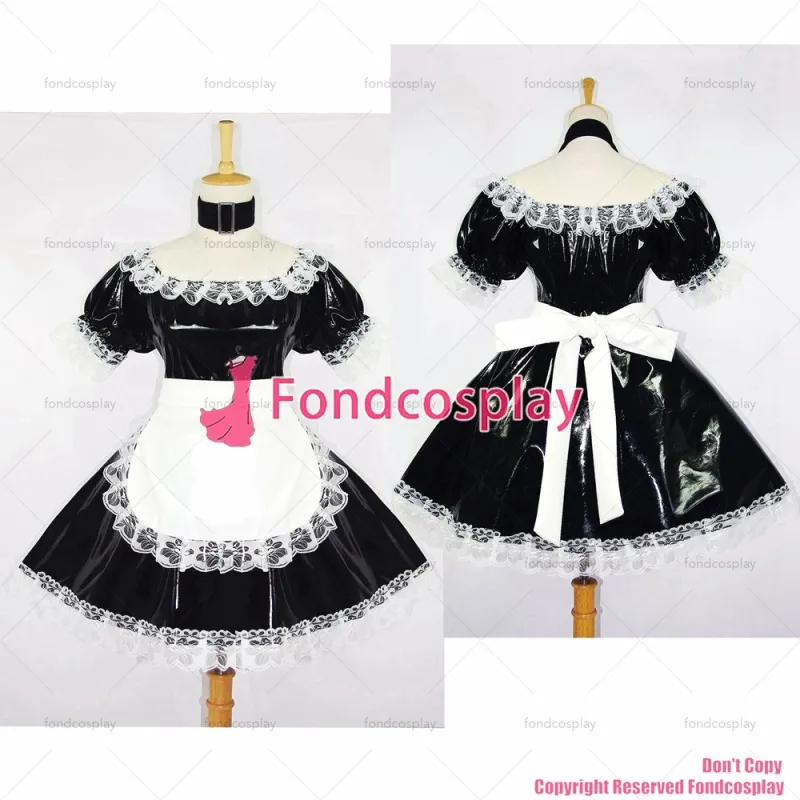 fondcosplay adult sexy cross dressing sissy maid short black thin PVC lockable Dress vinyl white apron Uniform CD/TV[G118]