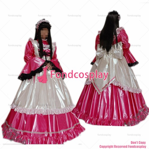 fondcosplay adult sexy cross dressing sissy maid lockable hot pink thin PVC Dress vinyl Uniform white apron CD/TV[G1636]