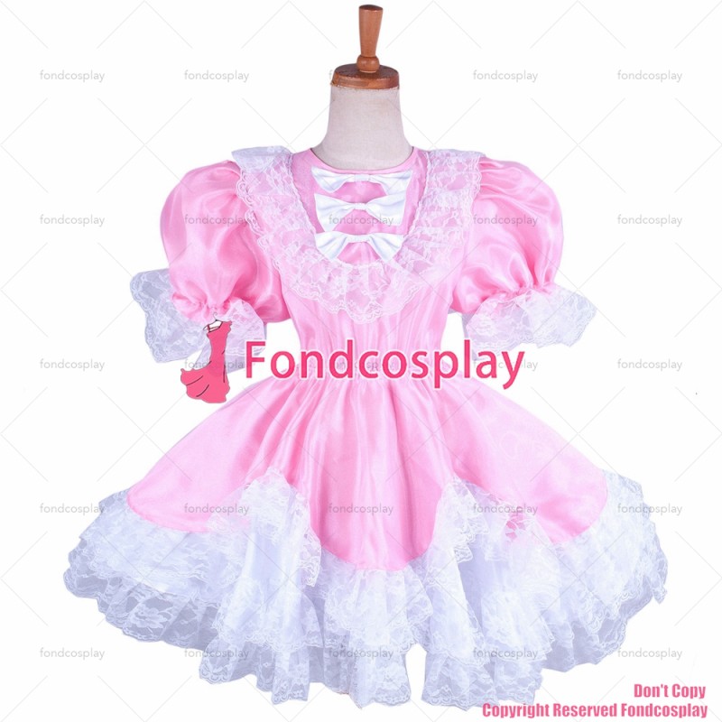 fondcosplay adult sexy cross dressing sissy maid short lockable baby pink organza satin dress Uniform CD/TV[G1479]