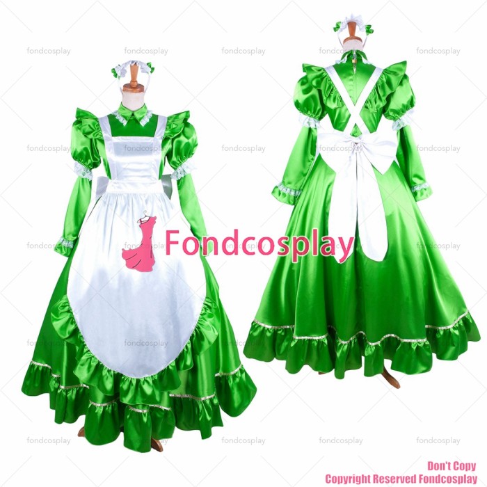 fondcosplay adult sexy cross dressing sissy maid long green satin dress lockable Uniform cosplay costume CD/TV[G1483]
