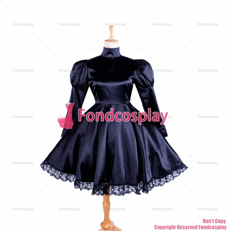 fondcosplay adult sexy cross dressing sissy maid short lockable black Satin Dress Uniform costume CD/TV[G1364]