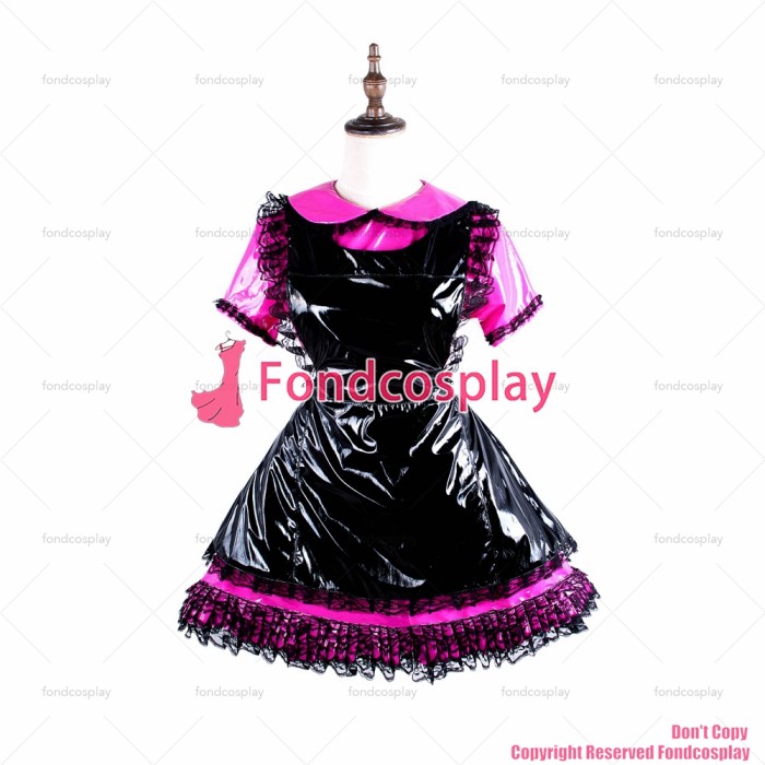 fondcosplay adult sexy cross dressing sissy maid hot pink thin PVC lockable dress vinyl Uniform black apron CD/TV [G1577]