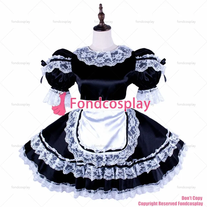 fondcosplay adult sexy cross dressing sissy maid short lockable black Satin dress Uniform white lace costume CD/TV[G1582]