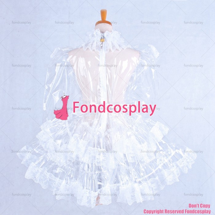fondcosplay adult sexy cross dressing sissy maid short Clear PVC lockable dress TPU Uniform white lace CD/TV[G1572]