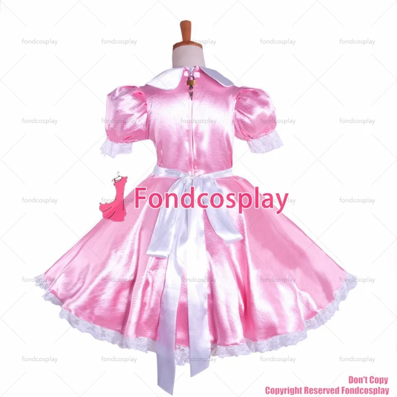 fondcosplay adult sexy cross dressing sissy maid short Satin baby Pink Dress Lockable Uniform white apron CD/TV[G1085]