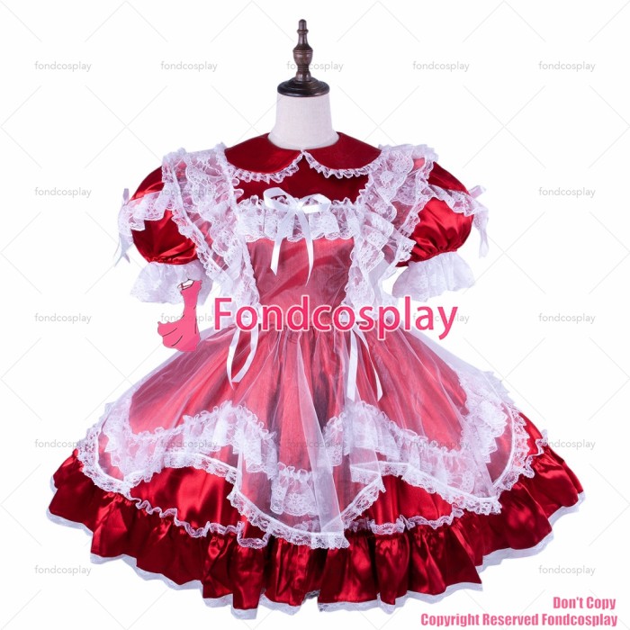 fondcosplay adult sexy cross dressing sissy maid short lockable red Satin dress white apron Peter Pan collar CD/TV[G1581]