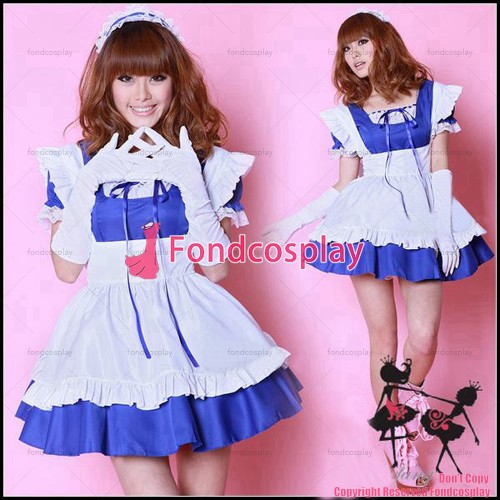 fondcosplay adult sexy cross dressing sissy maid short lockable blue cotton dress uniform white apron costume CD/TV[G1614]