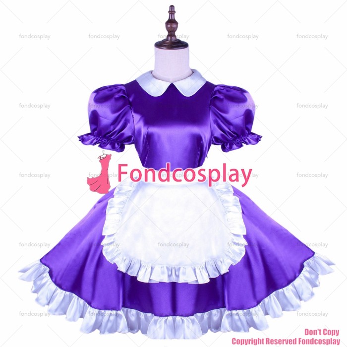 cross dressing sissy maid Purple Satin dress with Pearl buttons uniform white apron Peter pan collar CD/TV[G1493]