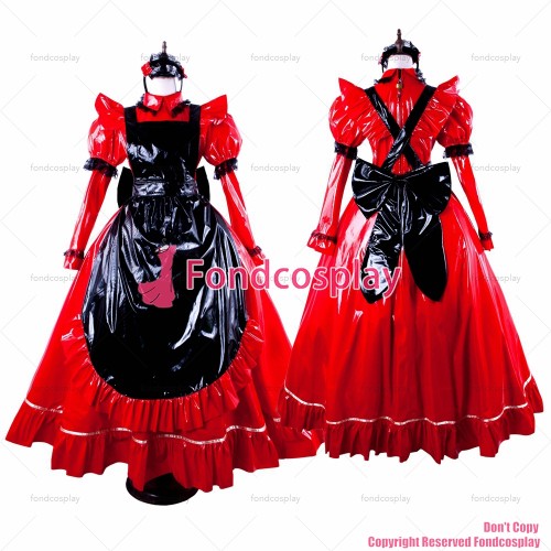 fondcosplay adult sexy cross dressing sissy maid long red thin PVC lockable Dress vinyl Uniform black apron CD/TV[G1563]