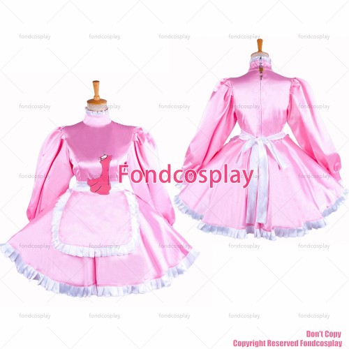 fondcosplay adult sexy cross dressing sissy maid short lockable baby pink Satin dress Uniform white apron CD/TV[G1550]