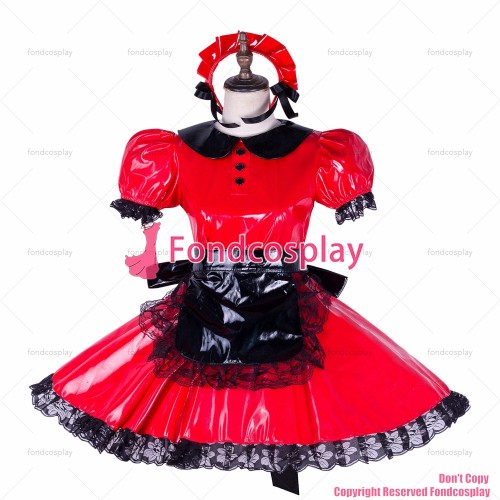fondcosplay adult sexy cross dressing sissy maid lockable red heavy PVC dress black apron Peter Pan collar CD/TV[G1653]