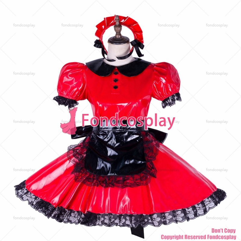 fondcosplay adult sexy cross dressing sissy maid lockable red heavy PVC dress black apron Peter Pan collar CD/TV[G1653]