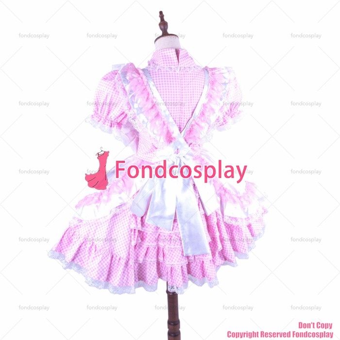 fondcosplay adult sexy cross dressing sissy maid short white satin apron pink cotton dress uniform CD/TV[G1490]