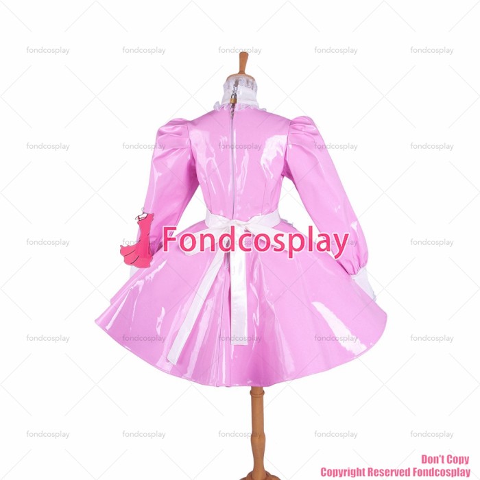 fondcosplay adult sexy cross dressing sissy maid pink heavy PVC lockable dress vinyl Uniform white apron CD/TV[G1545]