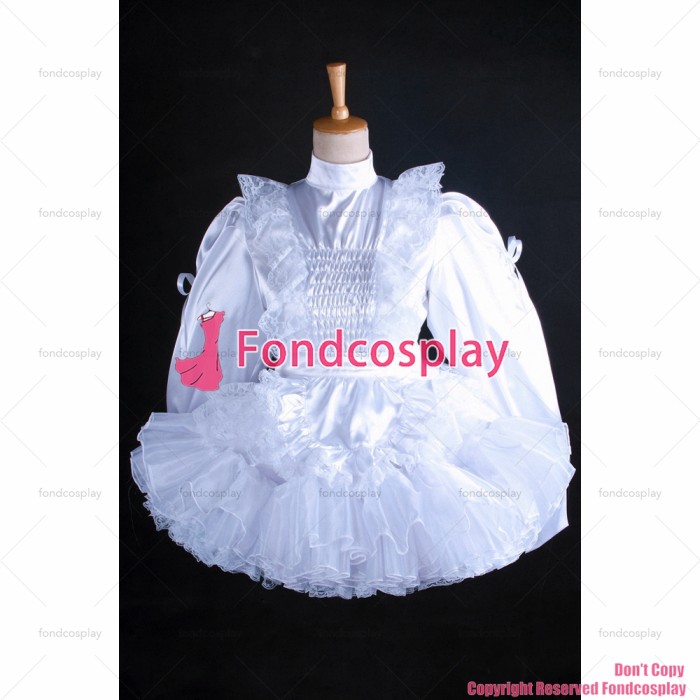 fondcosplay adult sexy cross dressing sissy maid short lockable white Satin lace dress apron costume CD/TV[G1627]
