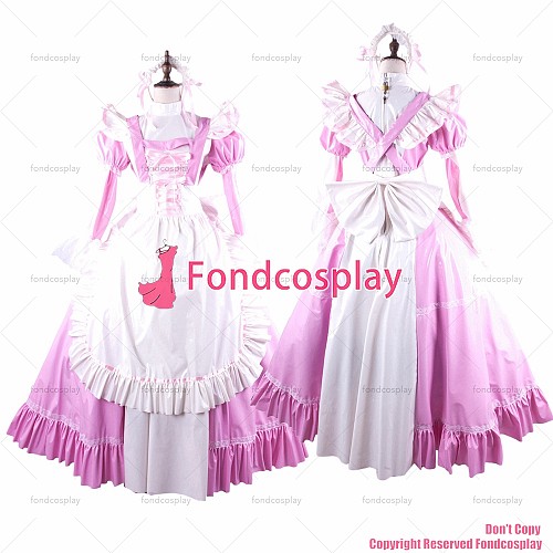 fondcosplay adult sexy cross dressing sissy maid long baby pink thin PVC lockable Dress vinyl white apron CD/TV[G1564]
