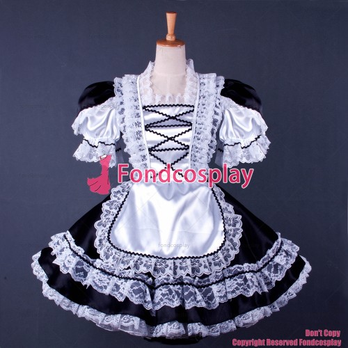 fondcosplay adult sexy cross dressing sissy maid short lockable black Satin dress Uniform white apron costume CD/TV[G1569]