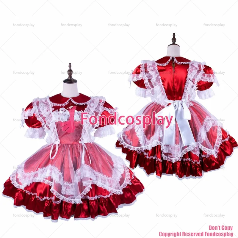 fondcosplay adult sexy cross dressing sissy maid short lockable red Satin dress white apron Peter Pan collar CD/TV[G1581]