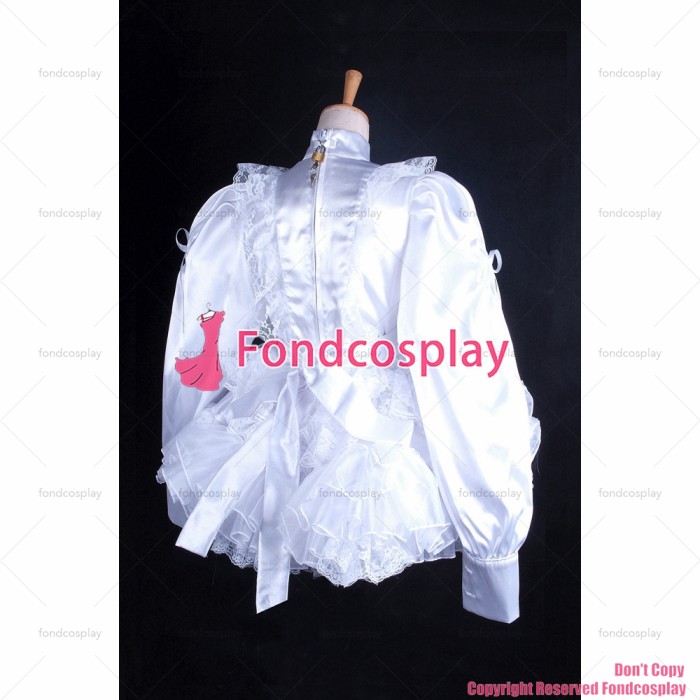 fondcosplay adult sexy cross dressing sissy maid short lockable white Satin lace dress apron costume CD/TV[G1627]