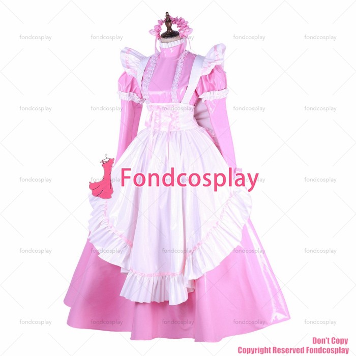 fondcosplay adult sexy cross dressing sissy maid lockable thin PVC dress pink Uniform white apron costume CD/TV[G1649]