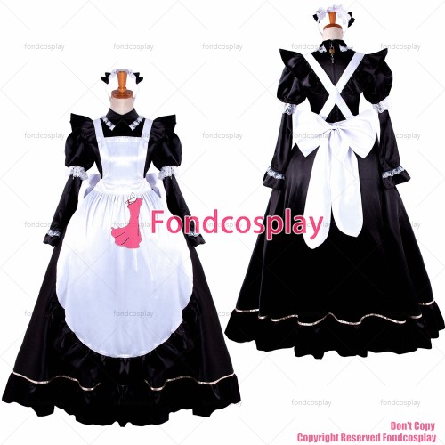 fondcosplay adult sexy cross dressing sissy maid long black satin dress lockable white apron Uniform CD/TV[G1482]