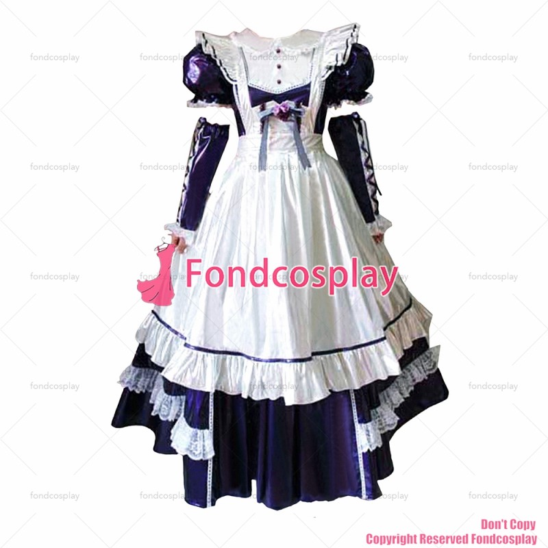 fondcosplay adult cross dressing sissy maid long lockable Purple thin PVC Dress vinyl Uniform white apron CD/TV[G1633]