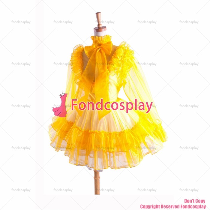 fondcosplay adult sexy cross dressing sissy maid Yellow Organza Lockable Uniform Dress Cosplay Costume CD/TV[G1367]