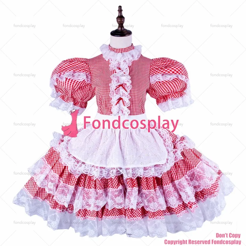 fondcosplay adult sexy cross dressing sissy maid short lockable red Cotton dress Uniform apron costume CD/TV[G1579]