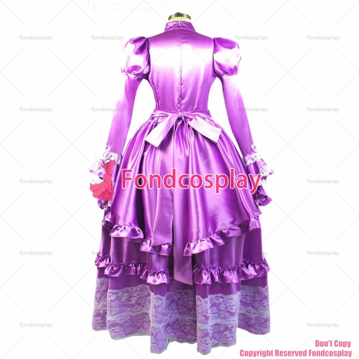 fondcosplay adult sexy cross dressing sissy maid long Purple satin dress lockable Uniform CD/TV[G1065]