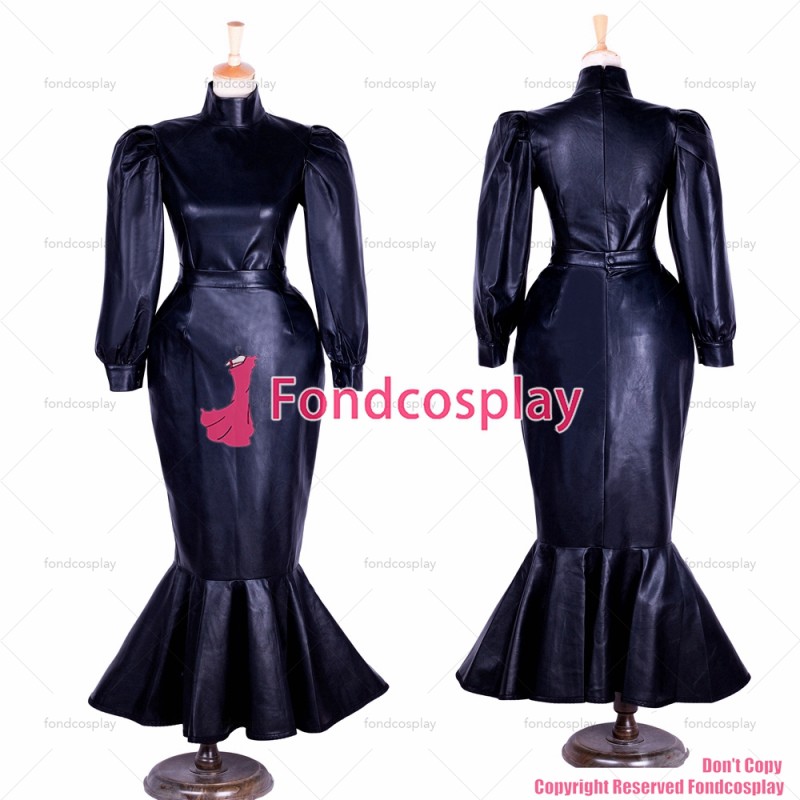fondcosplay adult sexy cross dressing sissy maid Fetish black Faux Leather shirt skirt Uniform Lockable dress CD/TV[G1365]