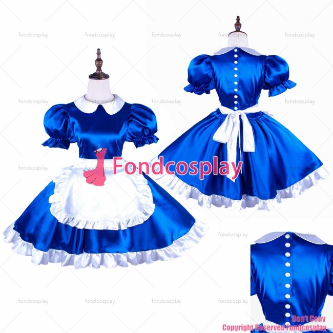 fondcosplay cross dressing sissy maid blue Satin dress with Pearl buttons white apron Peter Pan collar CD/TV[G1492]