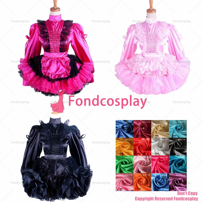 fondcosplay adult sexy cross dressing sissy maid short Lockable Uniform Black Satin lace Dress apron Costume CD/TV[G1363]