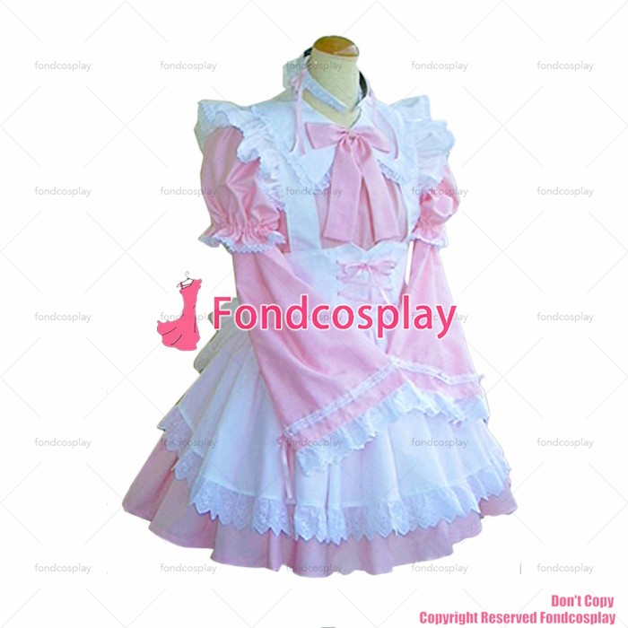 fondcosplay adult sexy cross dressing sissy maid short lockable baby pink cotton dress uniform white apron CD/TV [G1615]