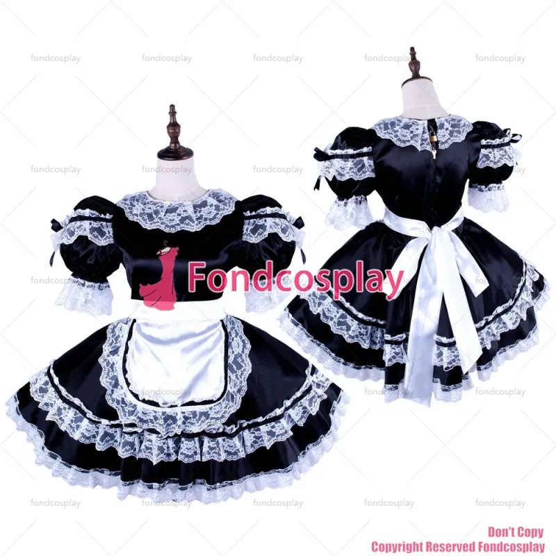 fondcosplay adult sexy cross dressing sissy maid short lockable black Satin dress Uniform white lace costume CD/TV[G1582]