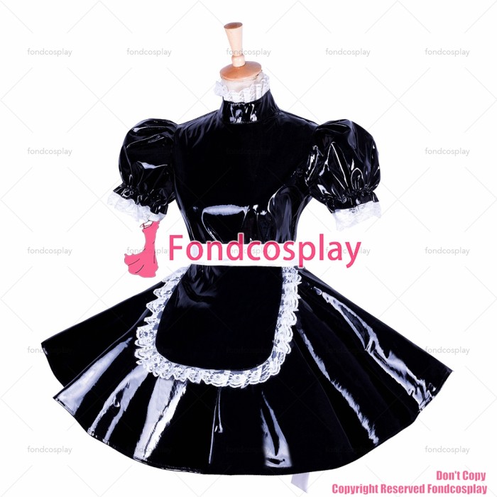 fondcosplay adult sexy cross dressing sissy maid short lockable black heavy PVC dress Uniform apron costume CD/TV[G1654]
