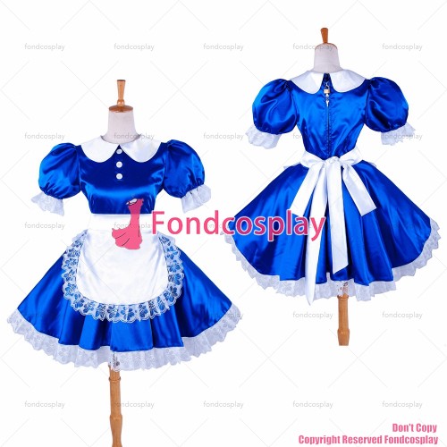 fondcosplay adult sexy cross dressing sissy maid Lockable Blue Satin Dress white apron Peter Pan collar CD/TV[G1360]