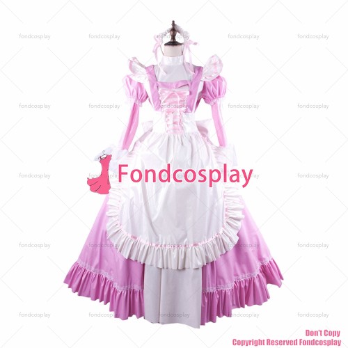 fondcosplay adult sexy cross dressing sissy maid long baby pink thin PVC lockable Dress vinyl white apron CD/TV[G1564]