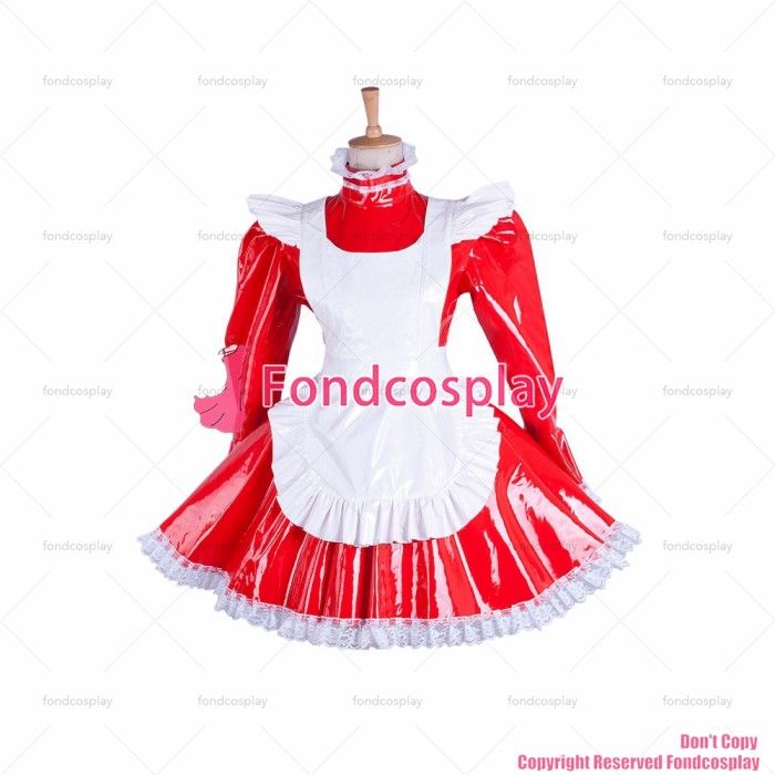 fondcosplay adult sexy cross dressing sissy maid short red heavy PVC lockable Dress vinyl Uniform white apron CD/TV[G1548]